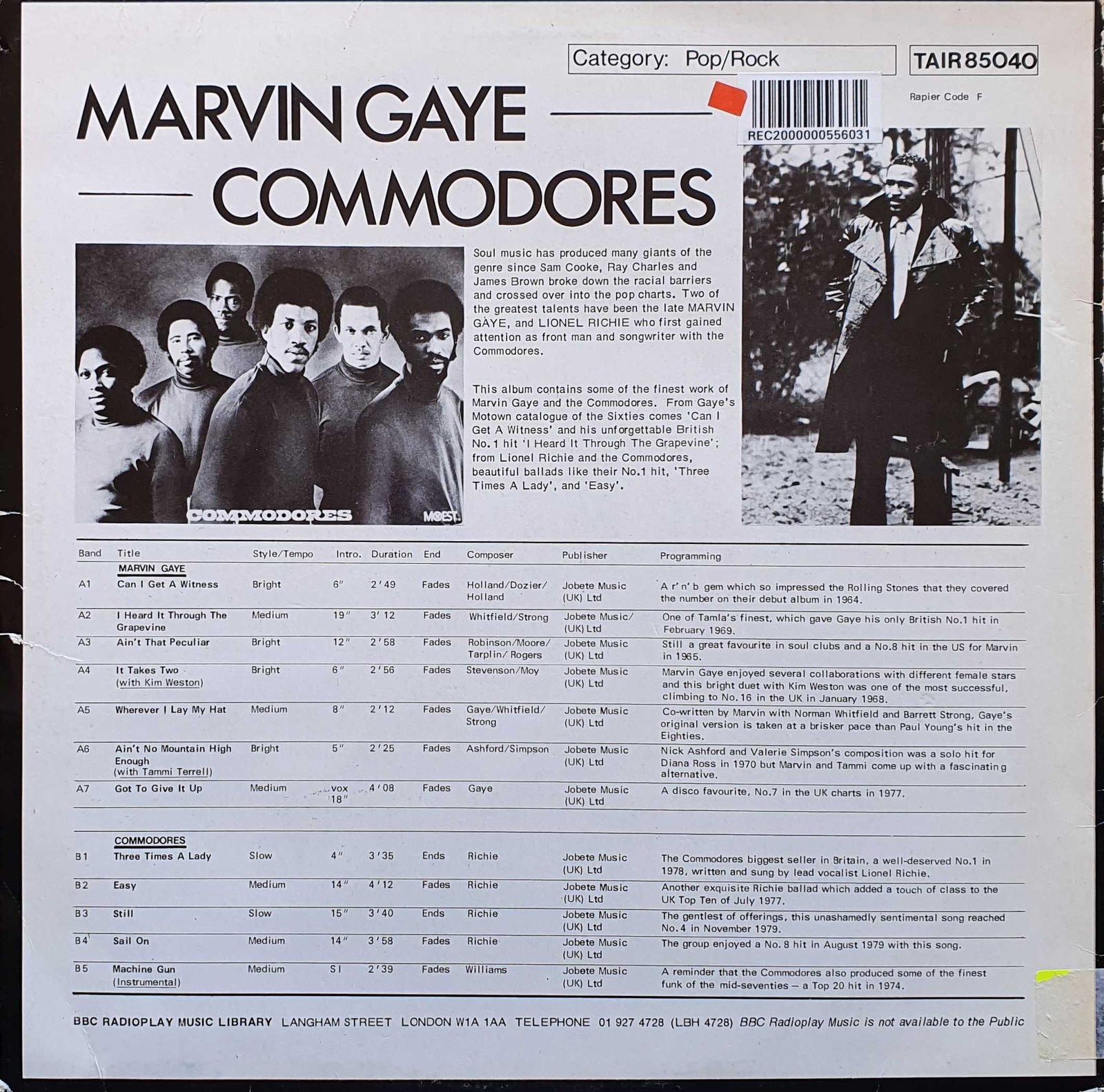 Back cover of TAIR 85040